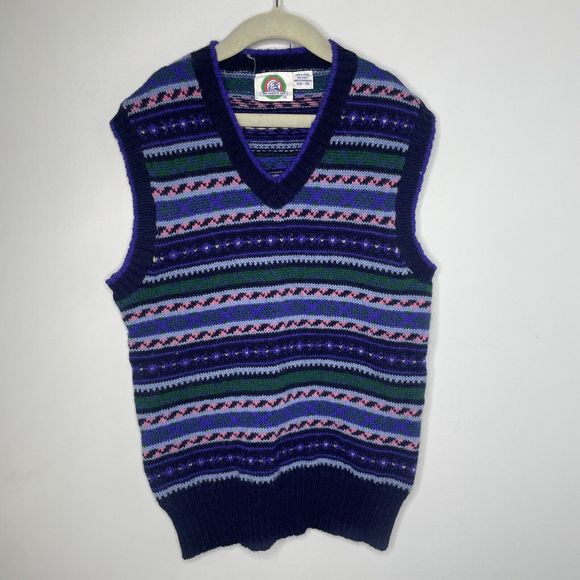 Vintage Vest Womens Small Purple Blue Pink Wool Sweater Jumper Preppy Eagles Eye - Picture 1 of 9